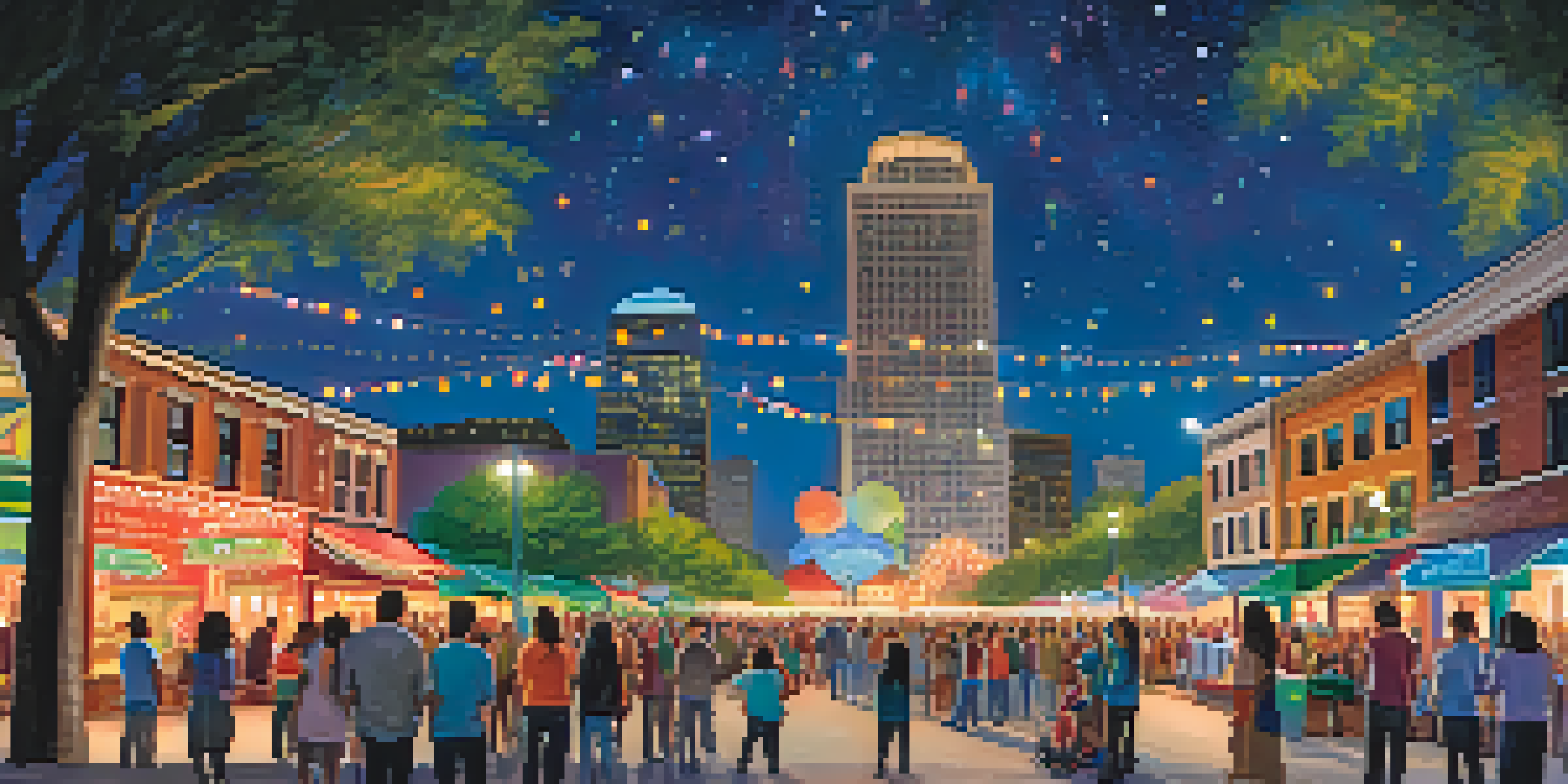 A festive night scene from the Festival of Lights in Houston, featuring colorful lights, families enjoying the celebration, and a starry sky.