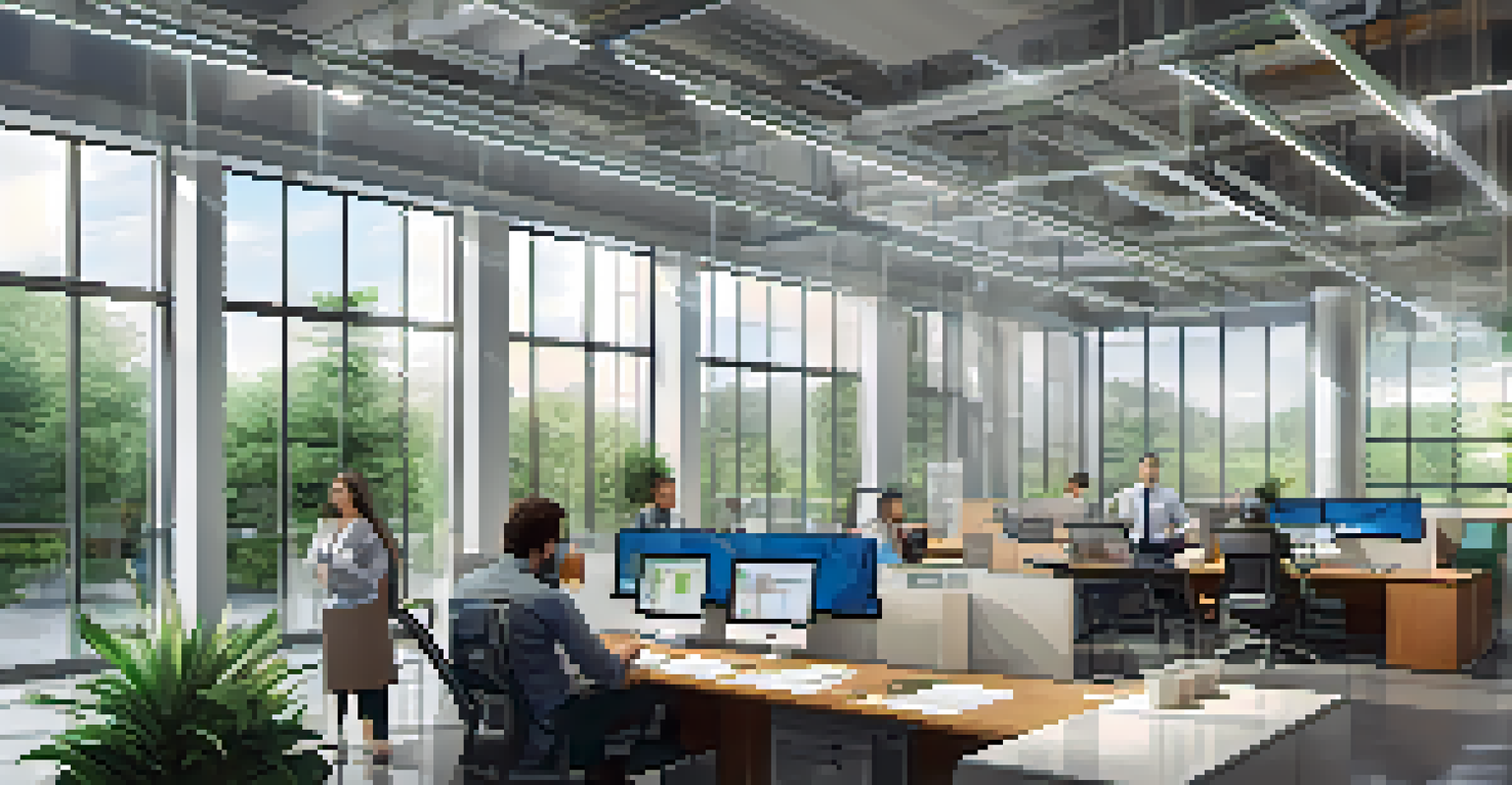 A modern office with a diverse group of engineers discussing sustainable energy solutions under natural light.