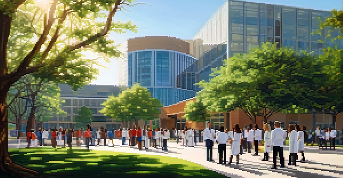 A diverse group of medical students collaborating in front of a modern building on a sunny day.