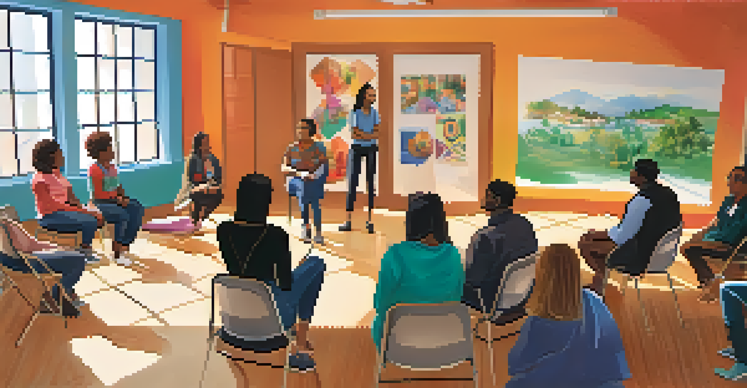 A diverse group of people attending an educational workshop on civic engagement in a community center, with colorful posters and natural light.