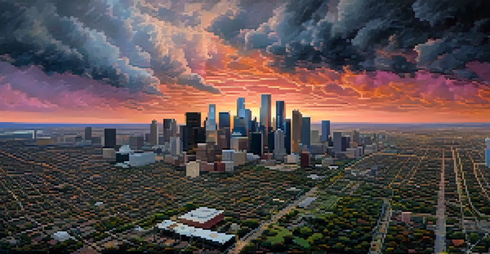 A panoramic view of Houston's skyline at sunset with dark storm clouds approaching, showcasing vibrant colors and urban textures.