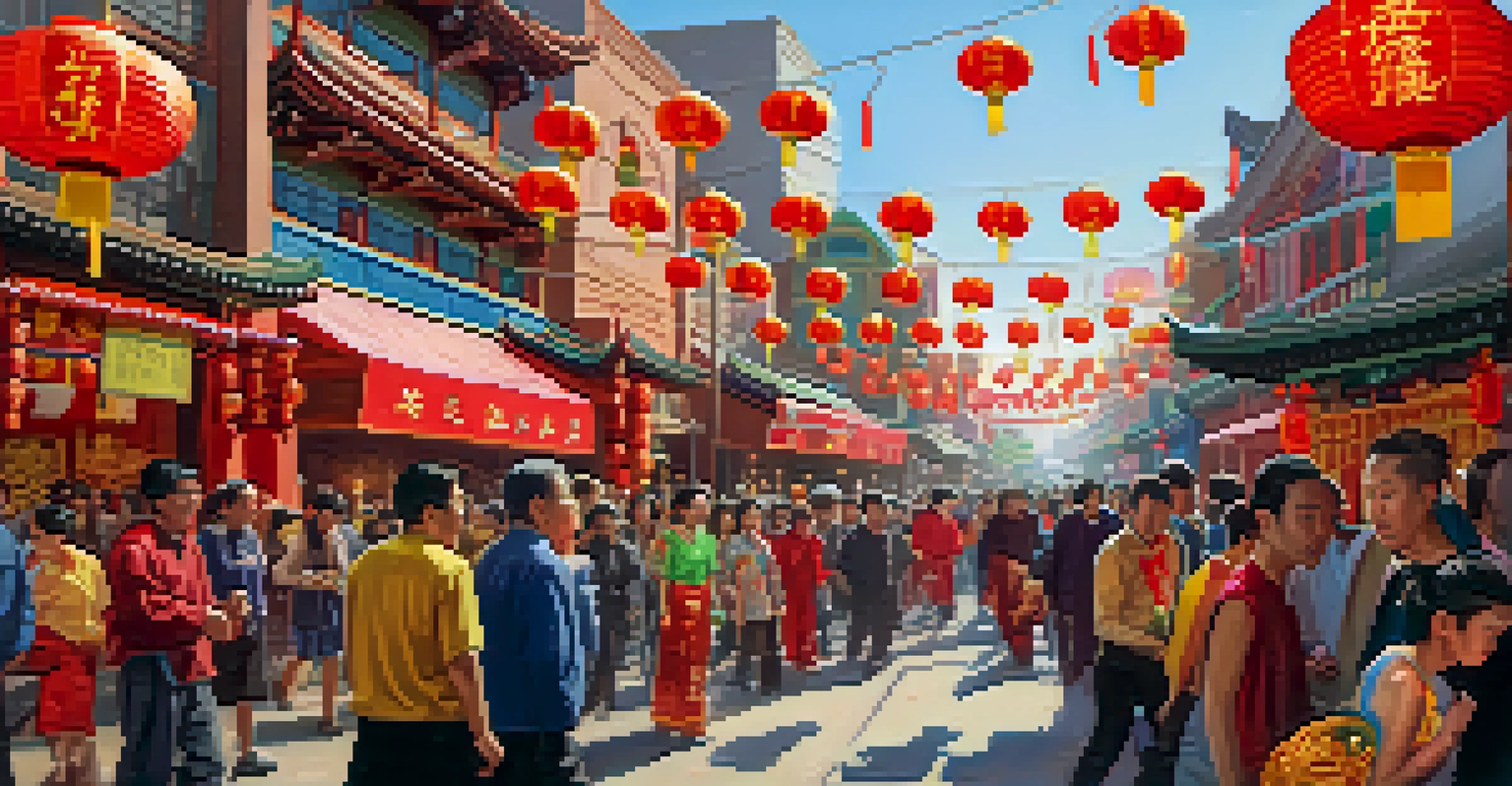 A festive Lunar New Year celebration in Houston's Chinatown with dragon dancers and decorations, featuring a diverse crowd.