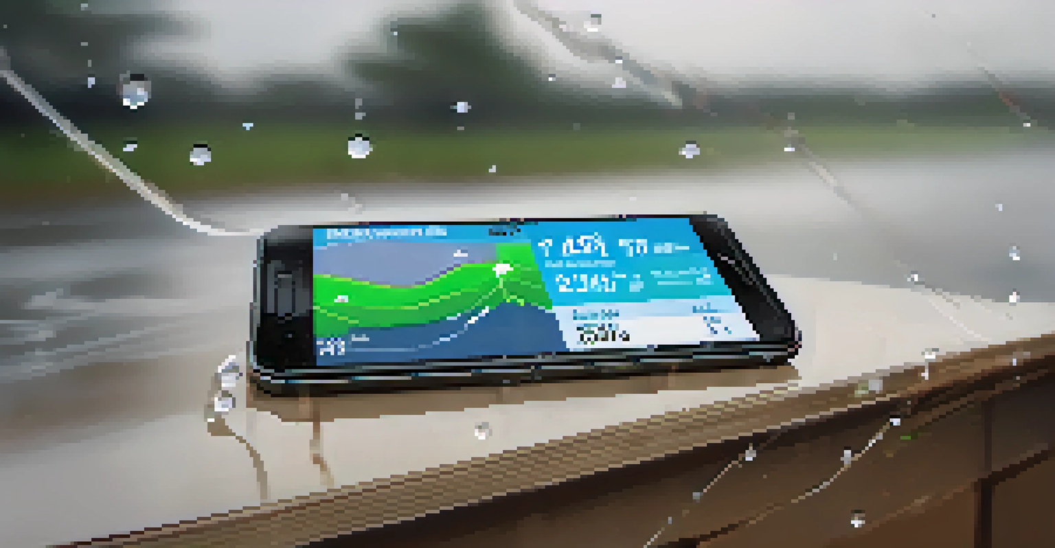 A smartphone displaying a weather app with hurricane alerts, against a backdrop of raindrops on a window.