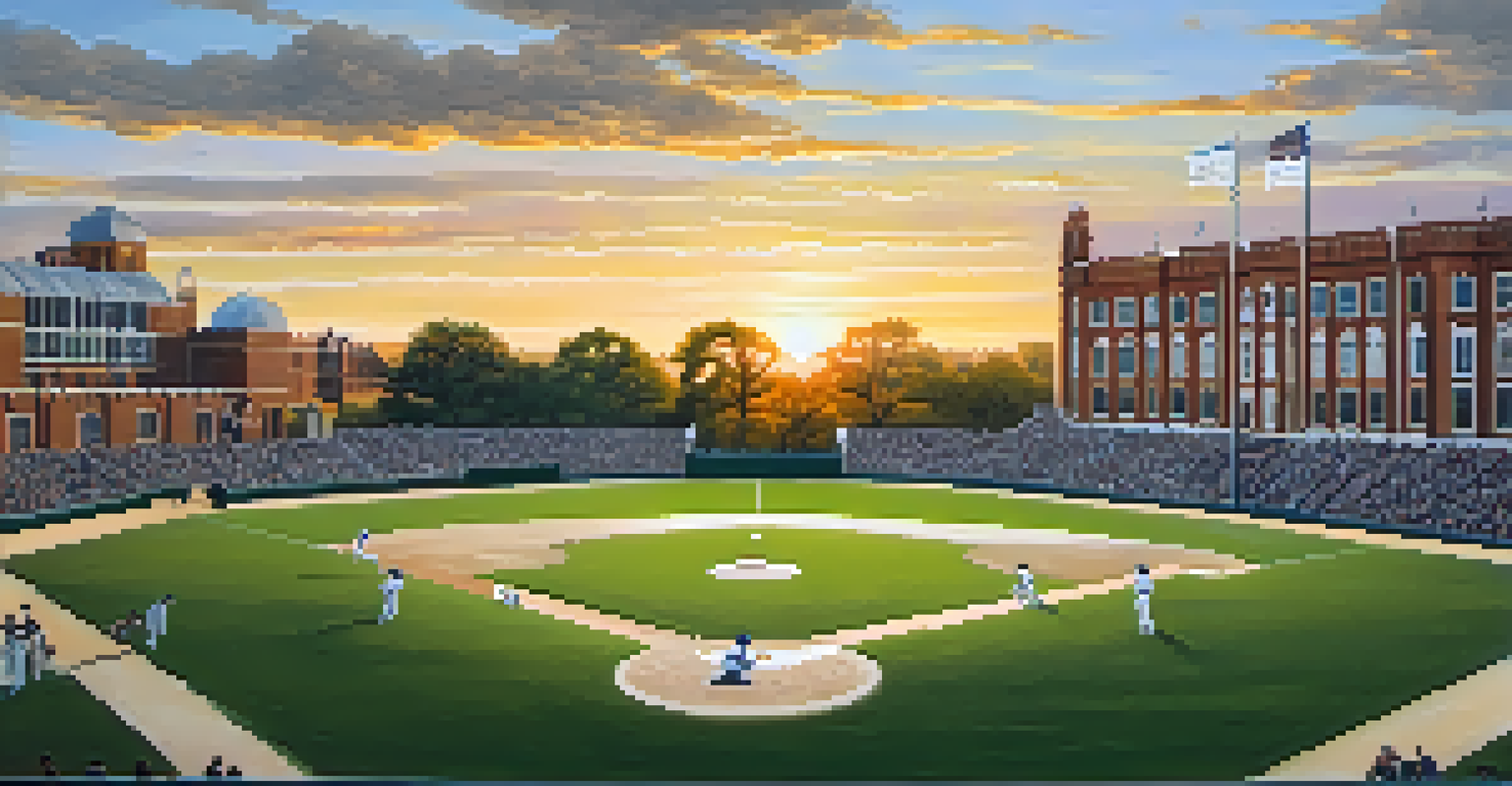 A picturesque sunset view of Rice University's baseball field with players practicing and fans in the stands.