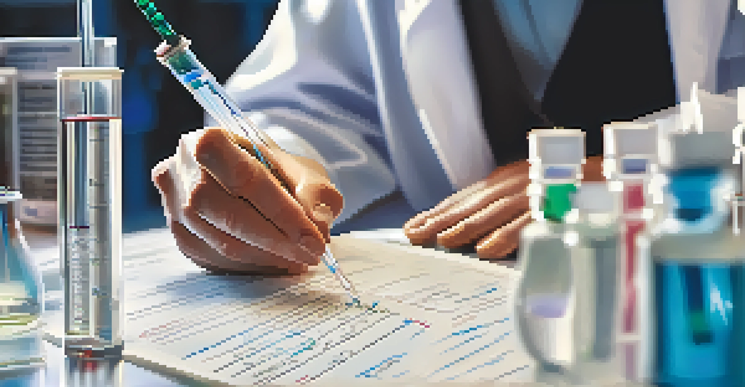 Close-up of hands in a lab holding a test tube and taking notes, with blurred lab equipment in the background.