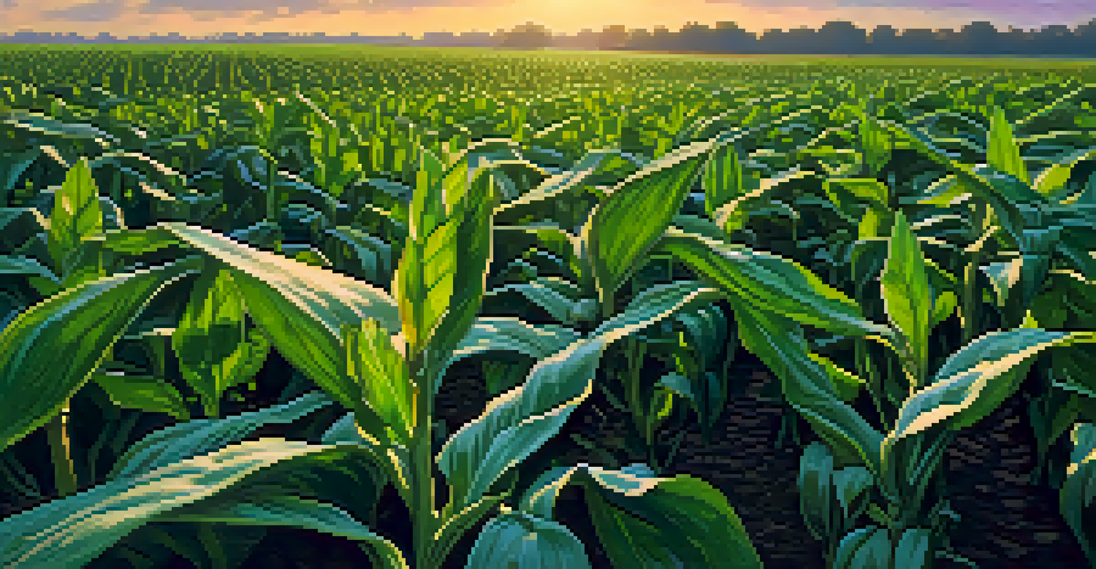 A close-up view of green corn and soybean plants in a field, with water droplets on leaves and a warm sunset in the background.