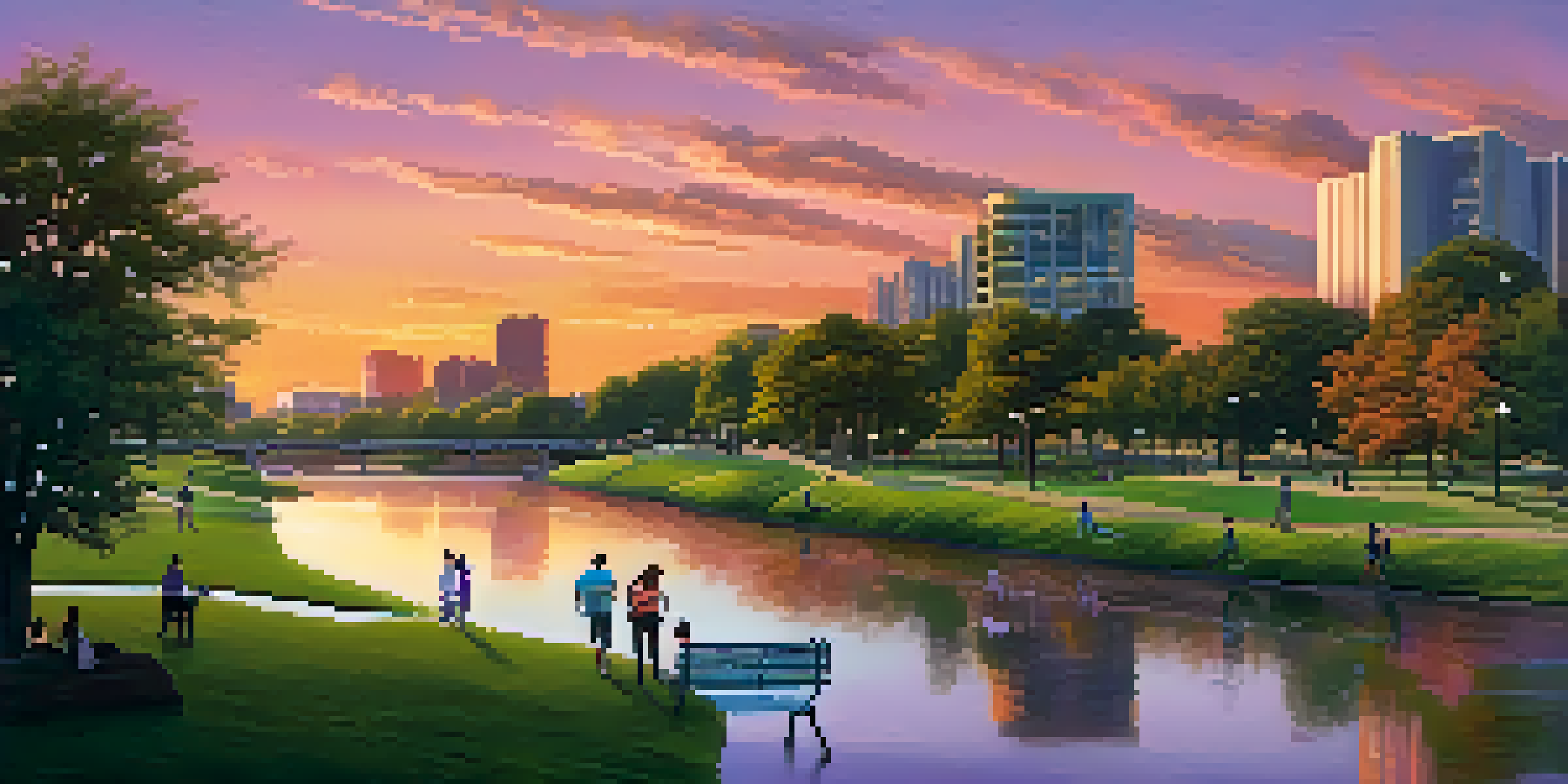 A lively park scene along Buffalo Bayou at sunset, with people picnicking, jogging, and walking along the water, surrounded by modern buildings and trees.