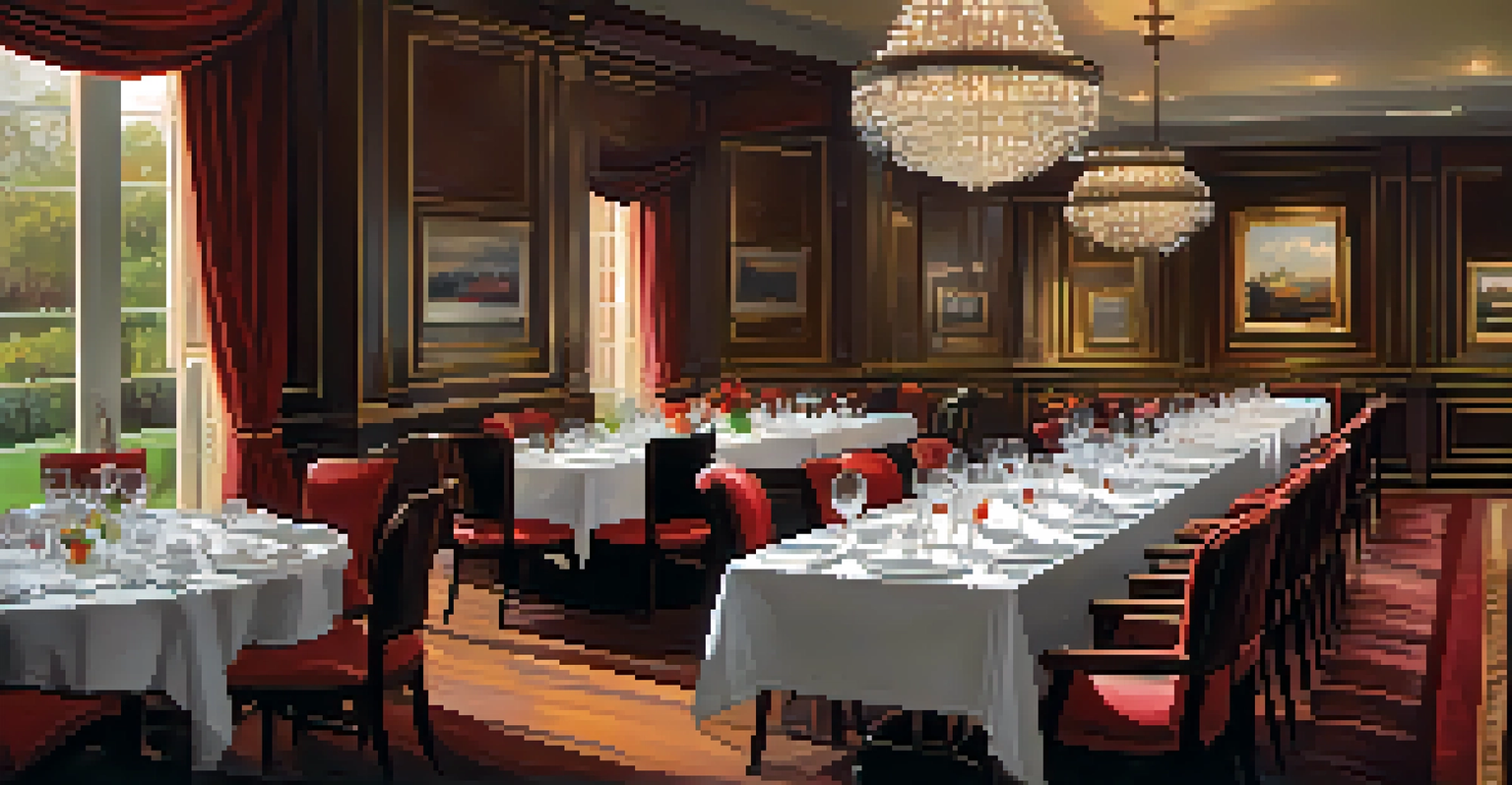 A fine dining table setting in a Houston restaurant, featuring a steak dish, elegant china, and a glass of red wine in soft lighting.