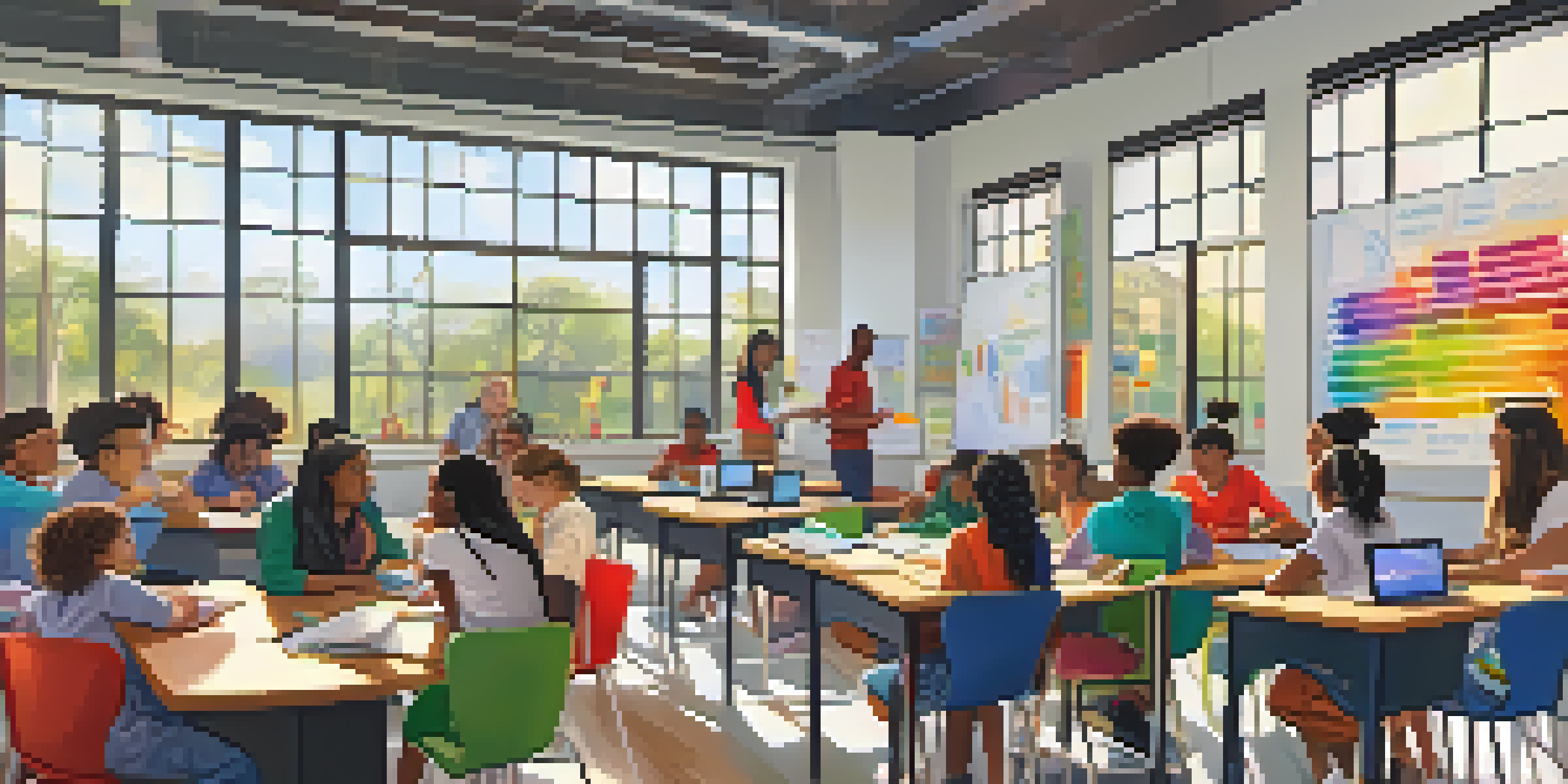 A vibrant classroom with students of different backgrounds collaborating on a group project at a round table, illuminated by natural light.