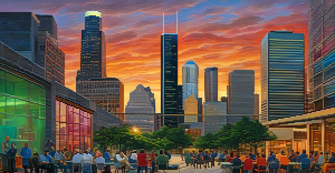 A sunset over Houston's city skyline with diverse workers discussing in the foreground.