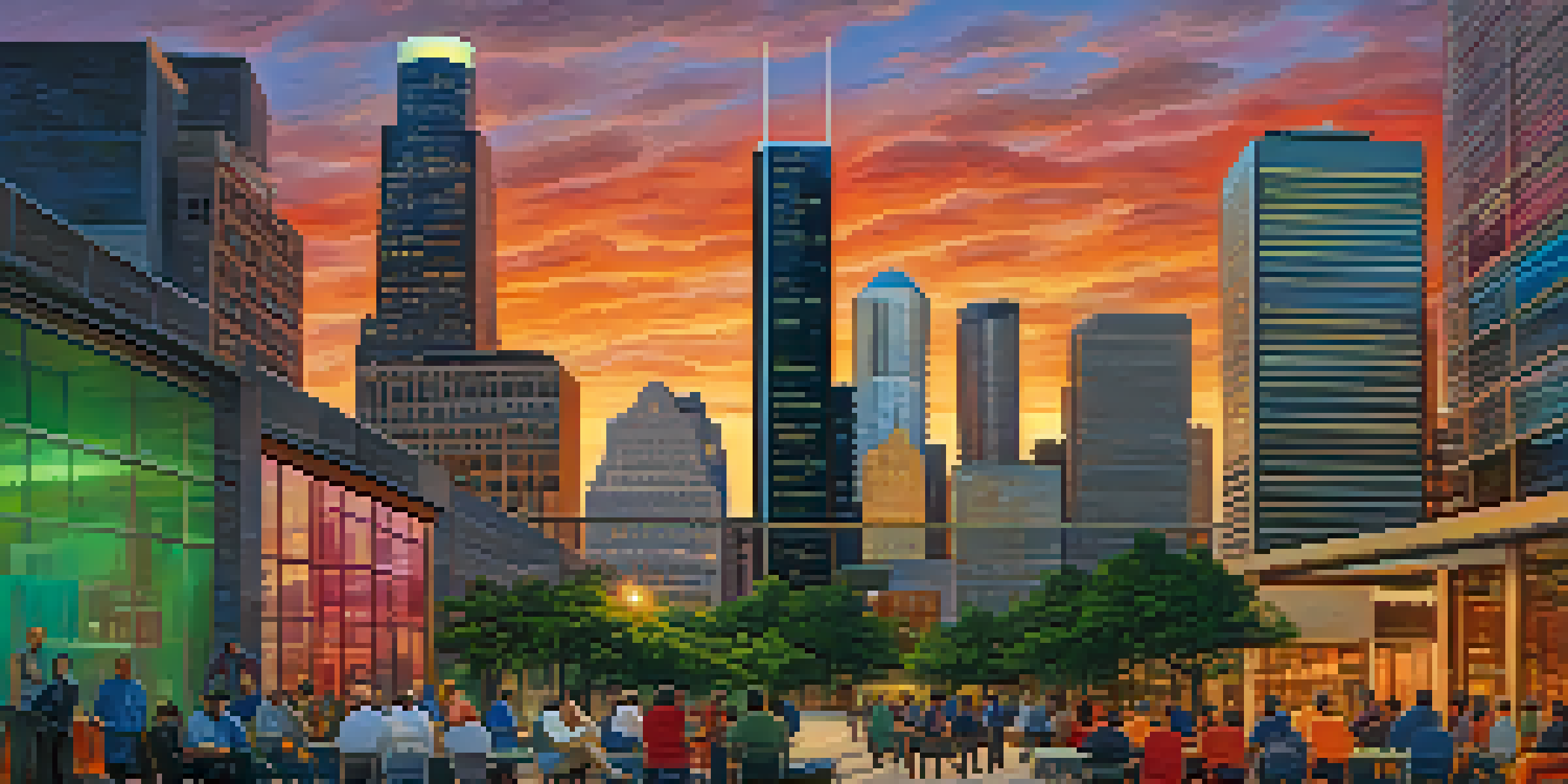 A sunset over Houston's city skyline with diverse workers discussing in the foreground.
