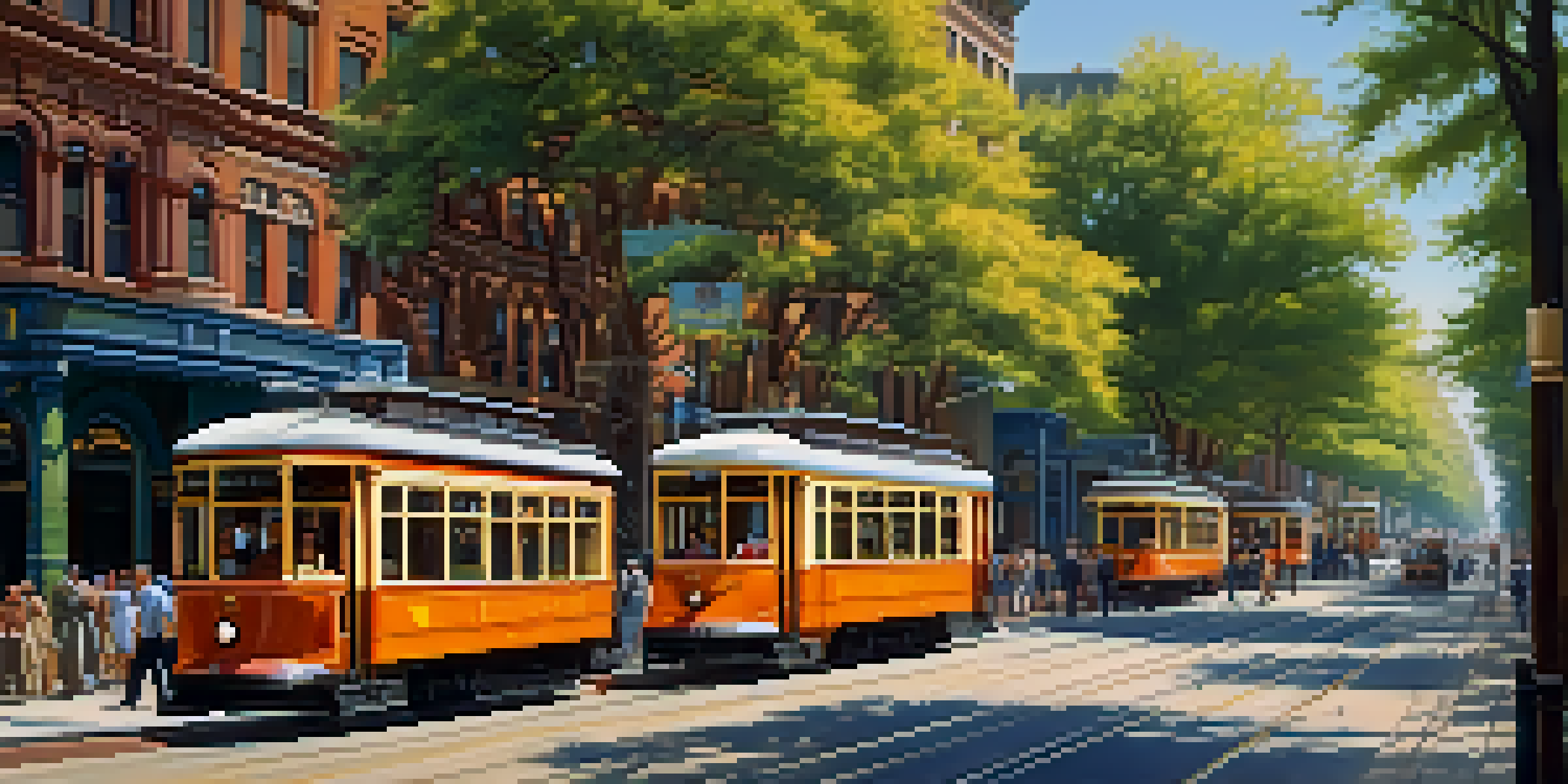 A colorful street scene in early 20th century Houston with electric streetcars, pedestrians, and vintage storefronts under a clear sky.
