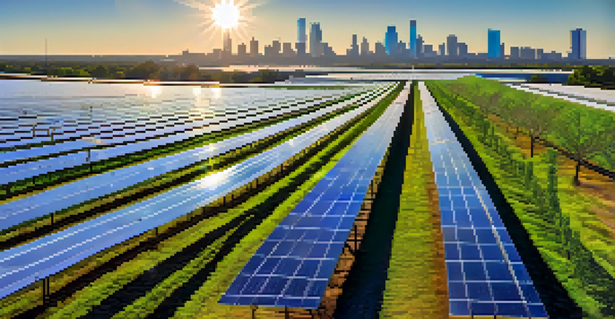 A wide view of a solar panel farm with Houston's skyline in the background, under a clear blue sky.