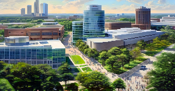 A panoramic view of the Texas Medical Center in Houston with modern buildings and greenery under warm sunlight.