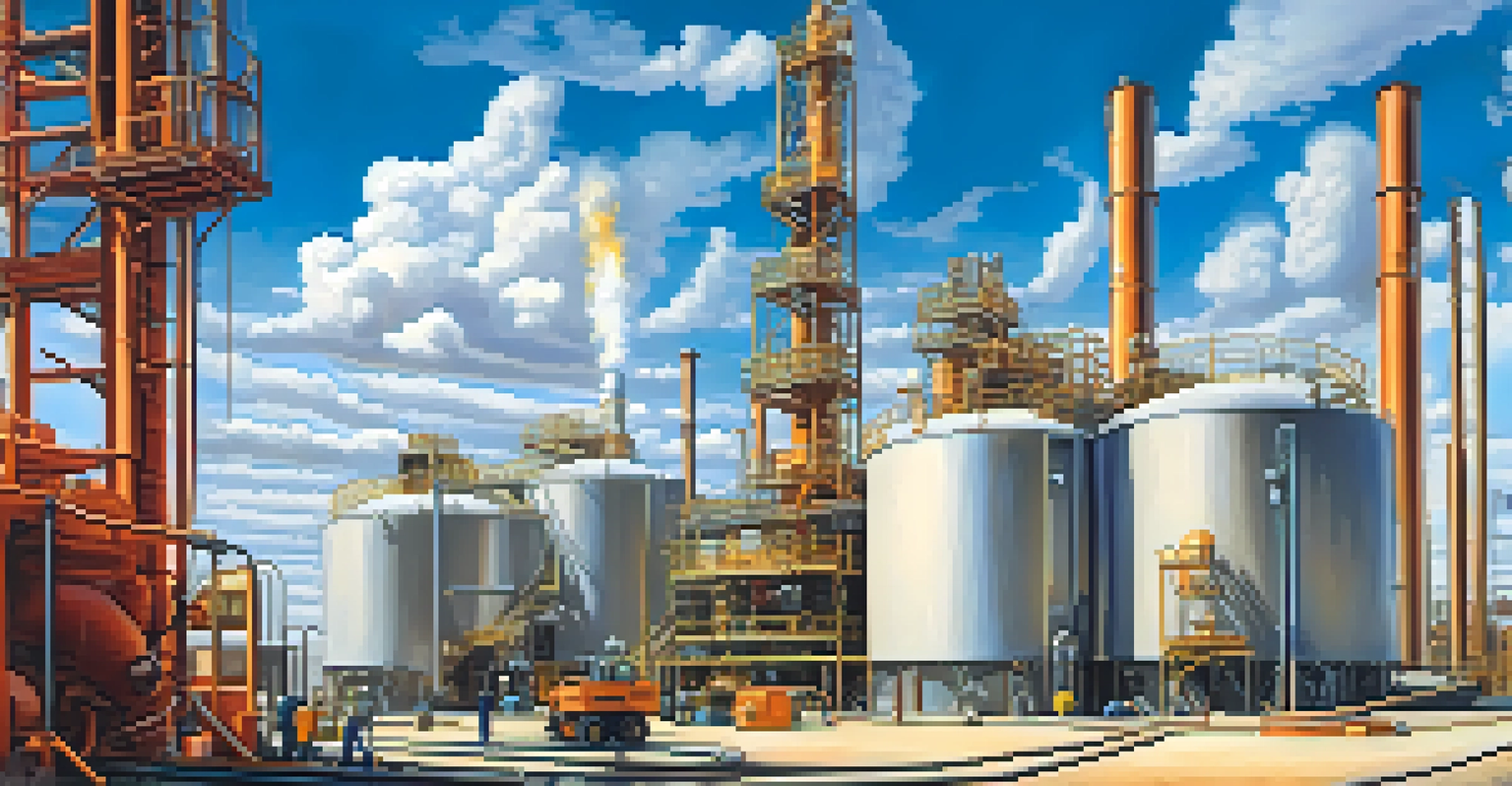 An industrial landscape with natural gas facilities and a worker in safety gear inspecting equipment.