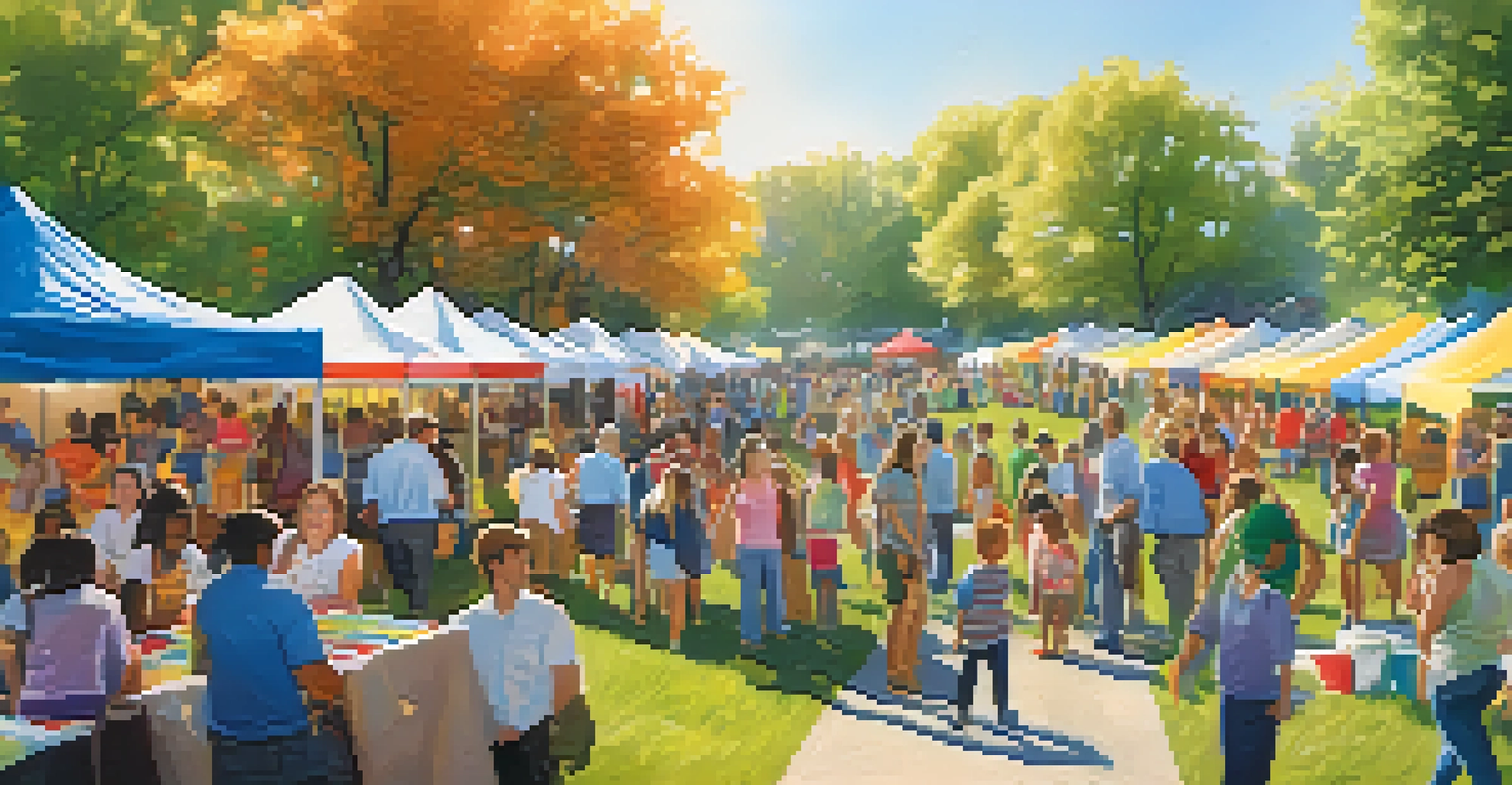A community career fair with families and local businesses engaging in a sunny outdoor setting.
