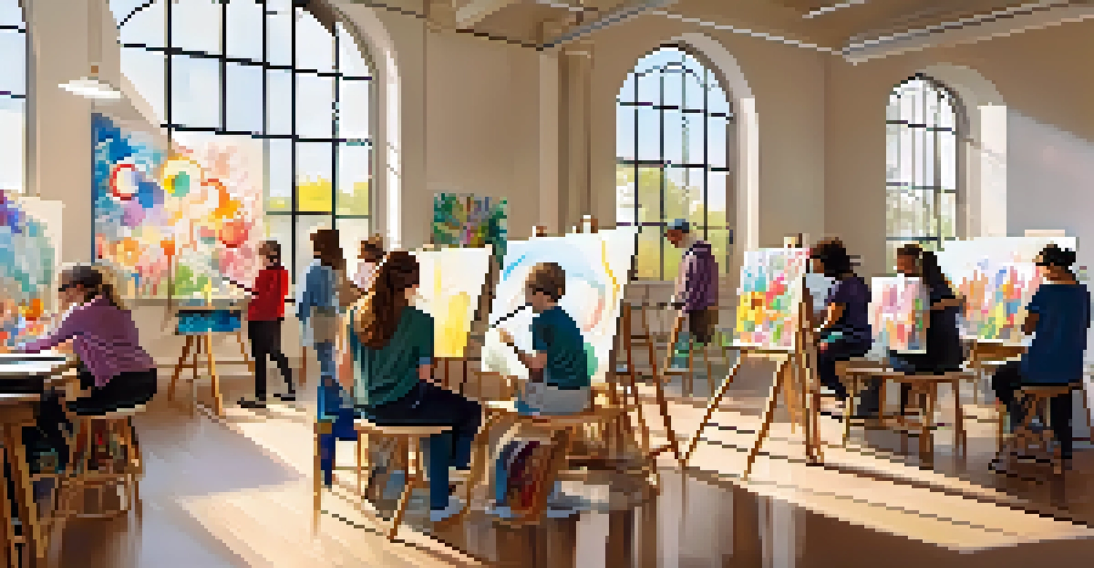 A bright workshop space where people of various ages engage in art therapy, creating expressive artwork.