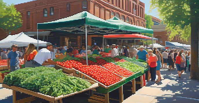 A lively farmers' market in Houston filled with fresh vegetables and people shopping, with sunlight filtering through the trees.