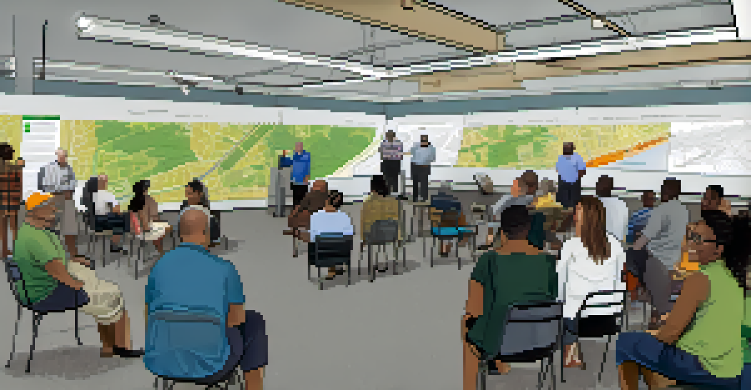 A community meeting in Houston discussing light rail expansion with diverse residents and displayed project plans.