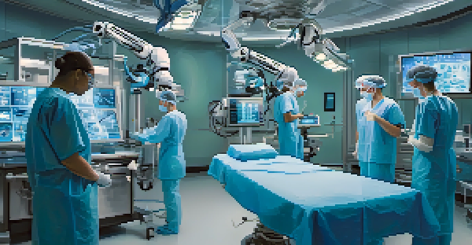 A detailed view of a robotic surgical system in an operating room, with bright surgical lights and a surgical team in the background.