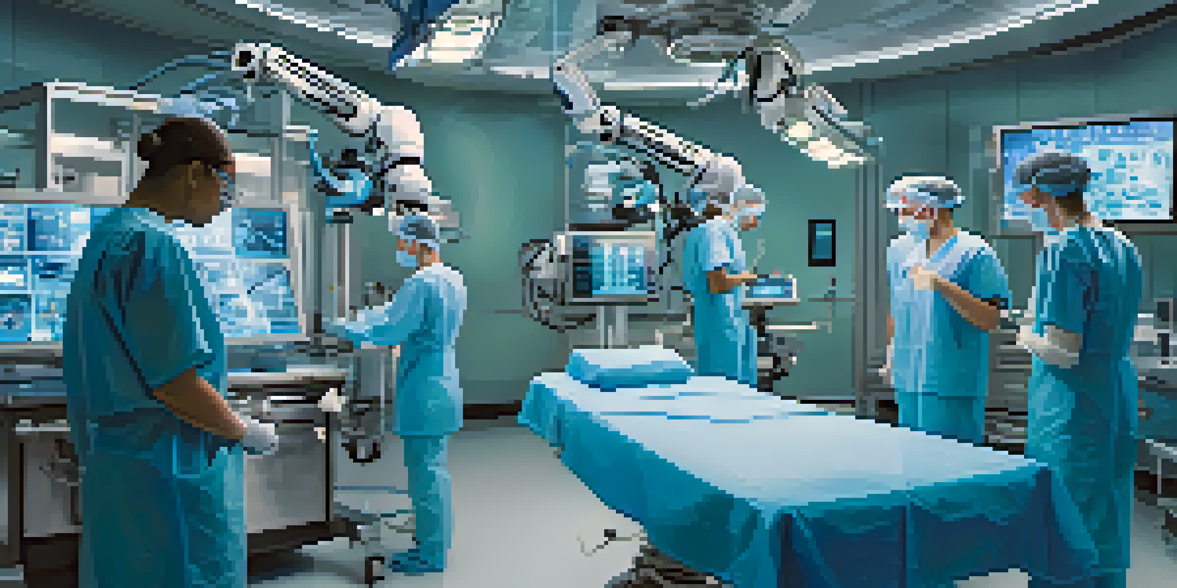 A detailed view of a robotic surgical system in an operating room, with bright surgical lights and a surgical team in the background.