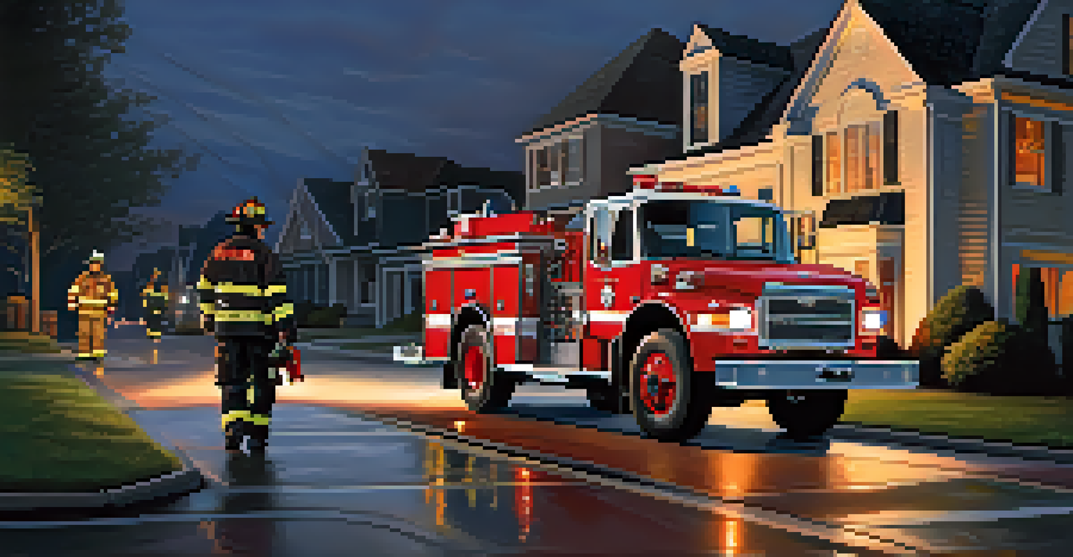 A volunteer firefighter responding to an emergency call at night, preparing equipment with a fire truck in a suburban neighborhood.