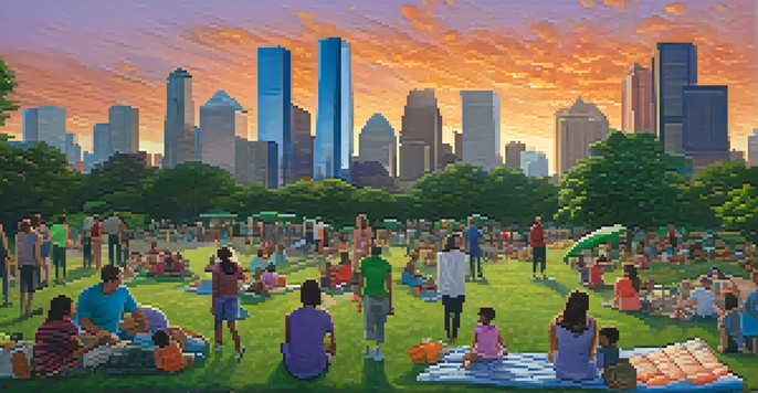 A colorful sunset over Houston's city skyline with solar panels and a park filled with families enjoying their time.