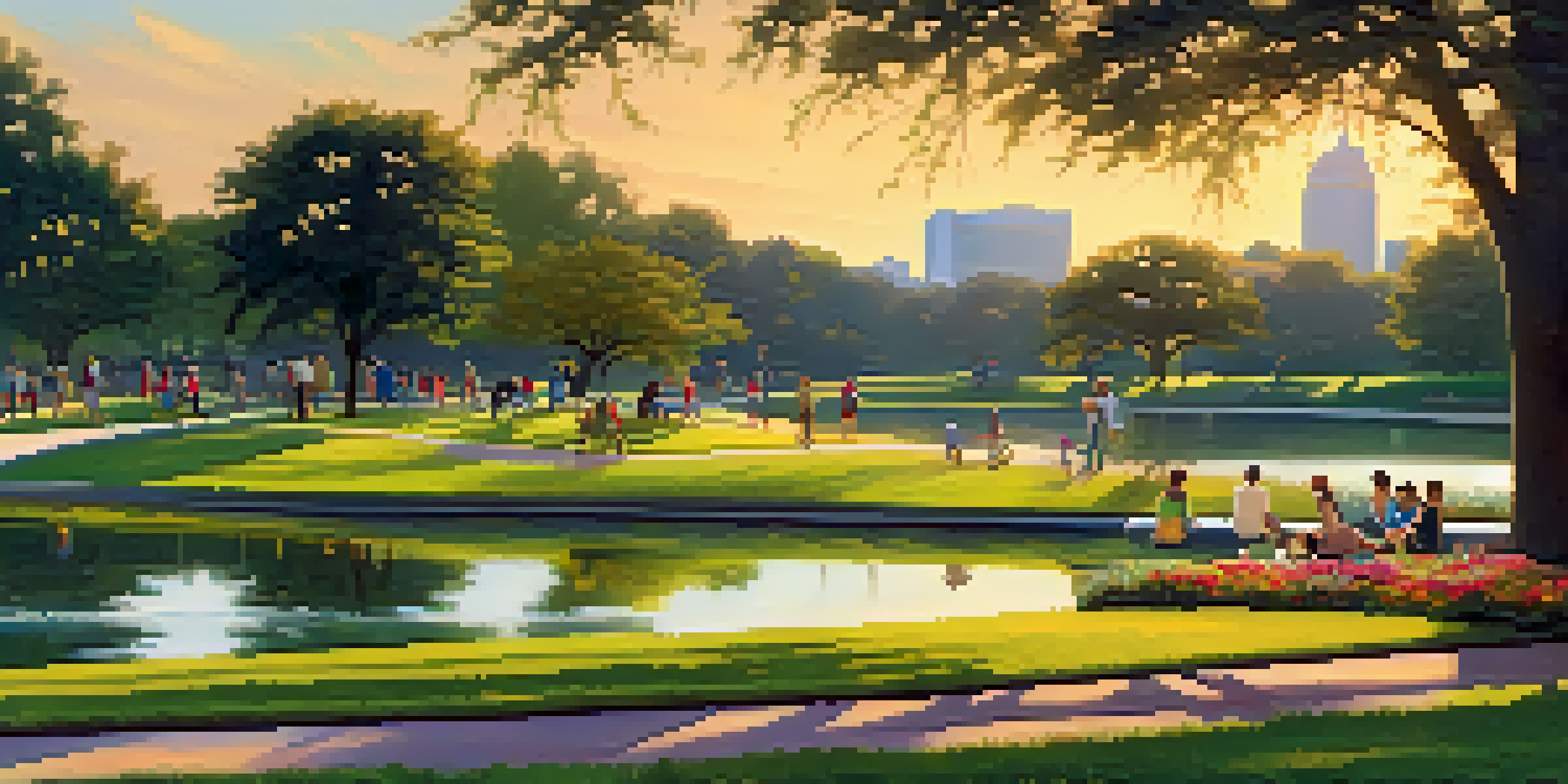 A picturesque park scene in Houston with families enjoying the outdoors, colorful flowers, and a sunset sky.