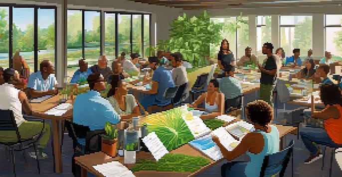 A lively community workshop in Houston, with residents discussing renewable energy, surrounded by plants and informative posters.