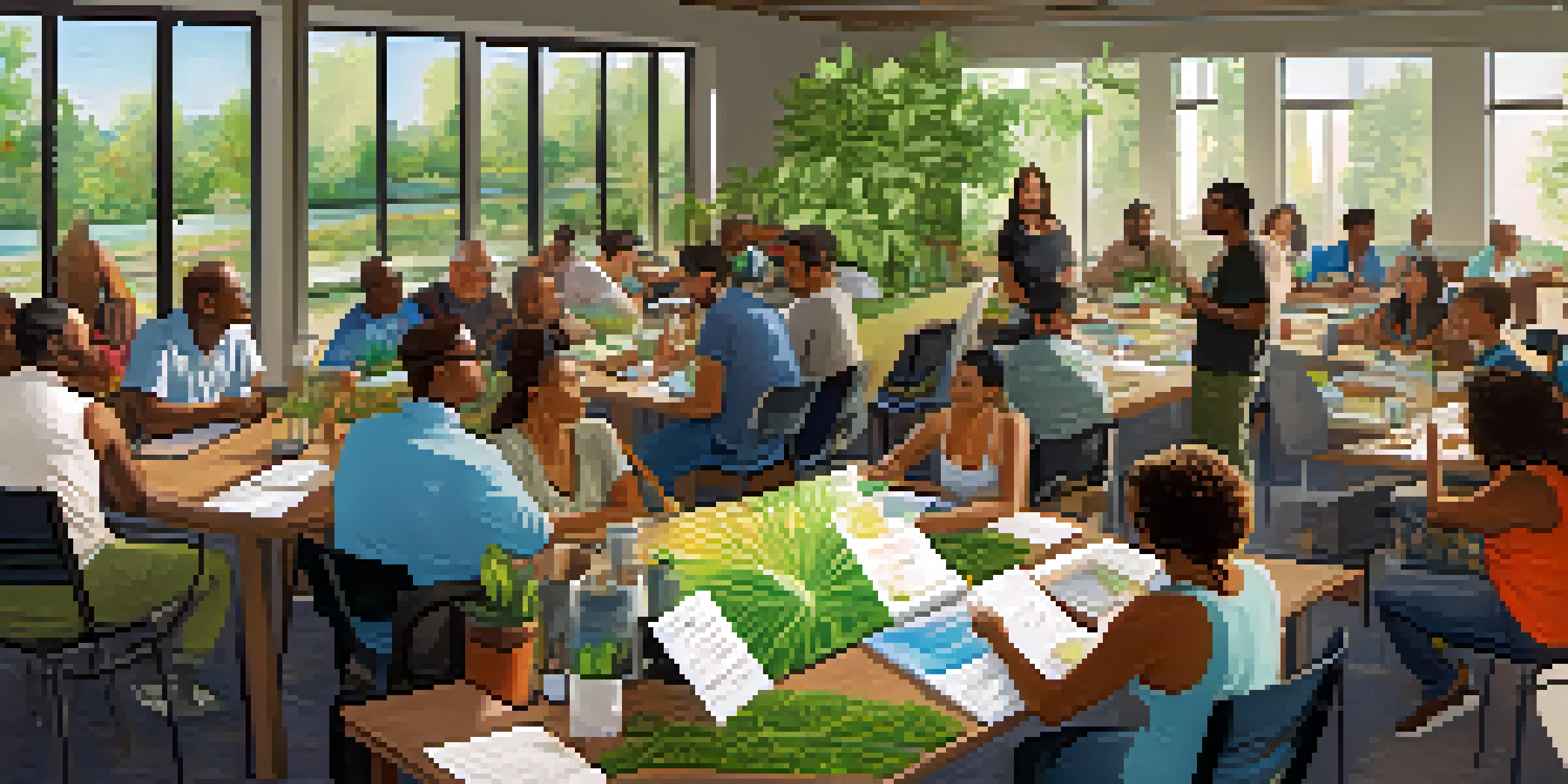 A lively community workshop in Houston, with residents discussing renewable energy, surrounded by plants and informative posters.