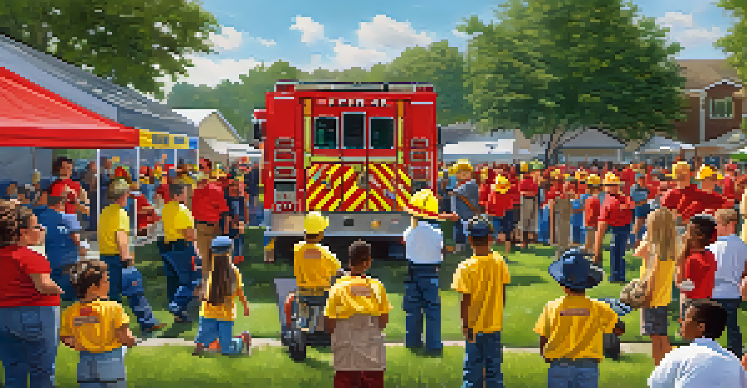 Volunteer firefighters engaging with local residents and children during a community fire safety event in Houston.