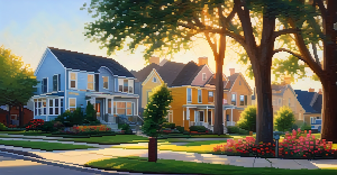 A beautiful suburban neighborhood in Houston with spacious homes, blooming flowers, and children playing in the street under a golden sunset.