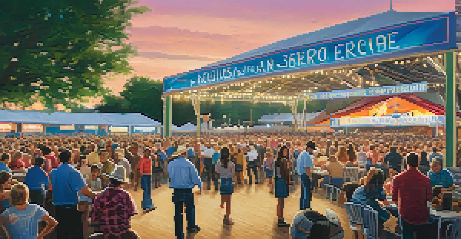 A vibrant scene from the Houston Livestock Show and Rodeo with a large crowd enjoying musical performances, food stalls, and a stage at dusk.