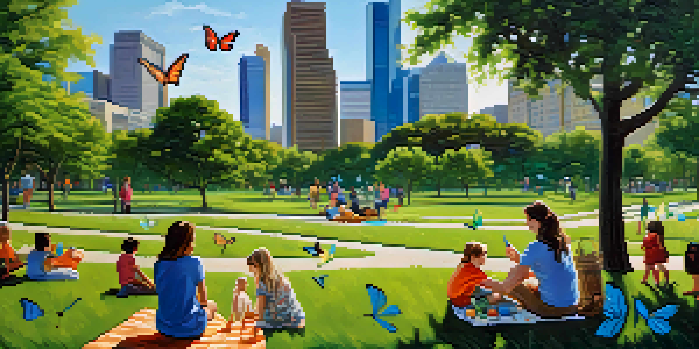 A family enjoying a picnic in a vibrant Houston park, surrounded by blooming flowers and native trees, with the city skyline in the background.