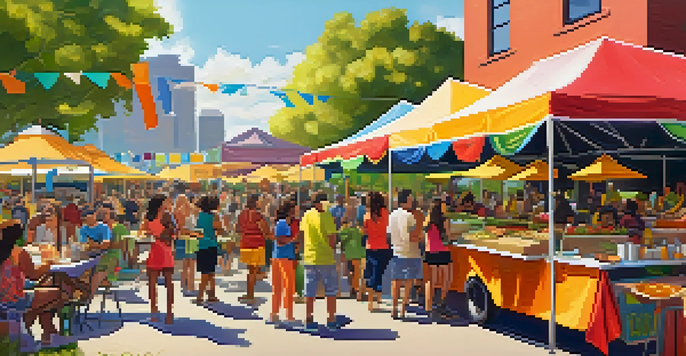 An outdoor food festival with food trucks serving plant-based dishes like tacos and sliders, with people enjoying the vibrant atmosphere.