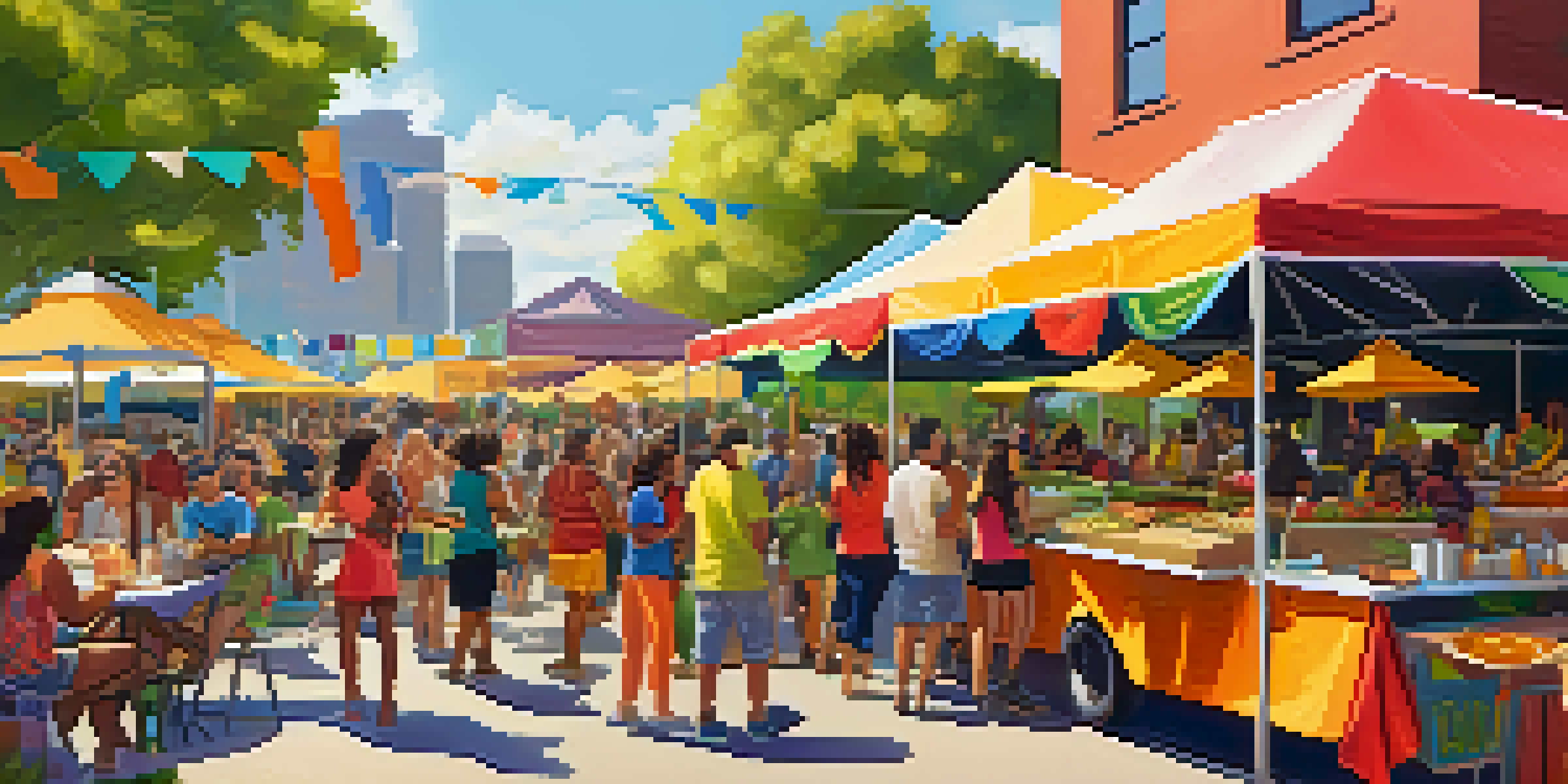 An outdoor food festival with food trucks serving plant-based dishes like tacos and sliders, with people enjoying the vibrant atmosphere.
