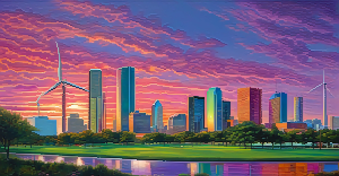A panoramic view of Houston's skyline showing a mix of traditional oil buildings and modern renewable energy structures during sunset.