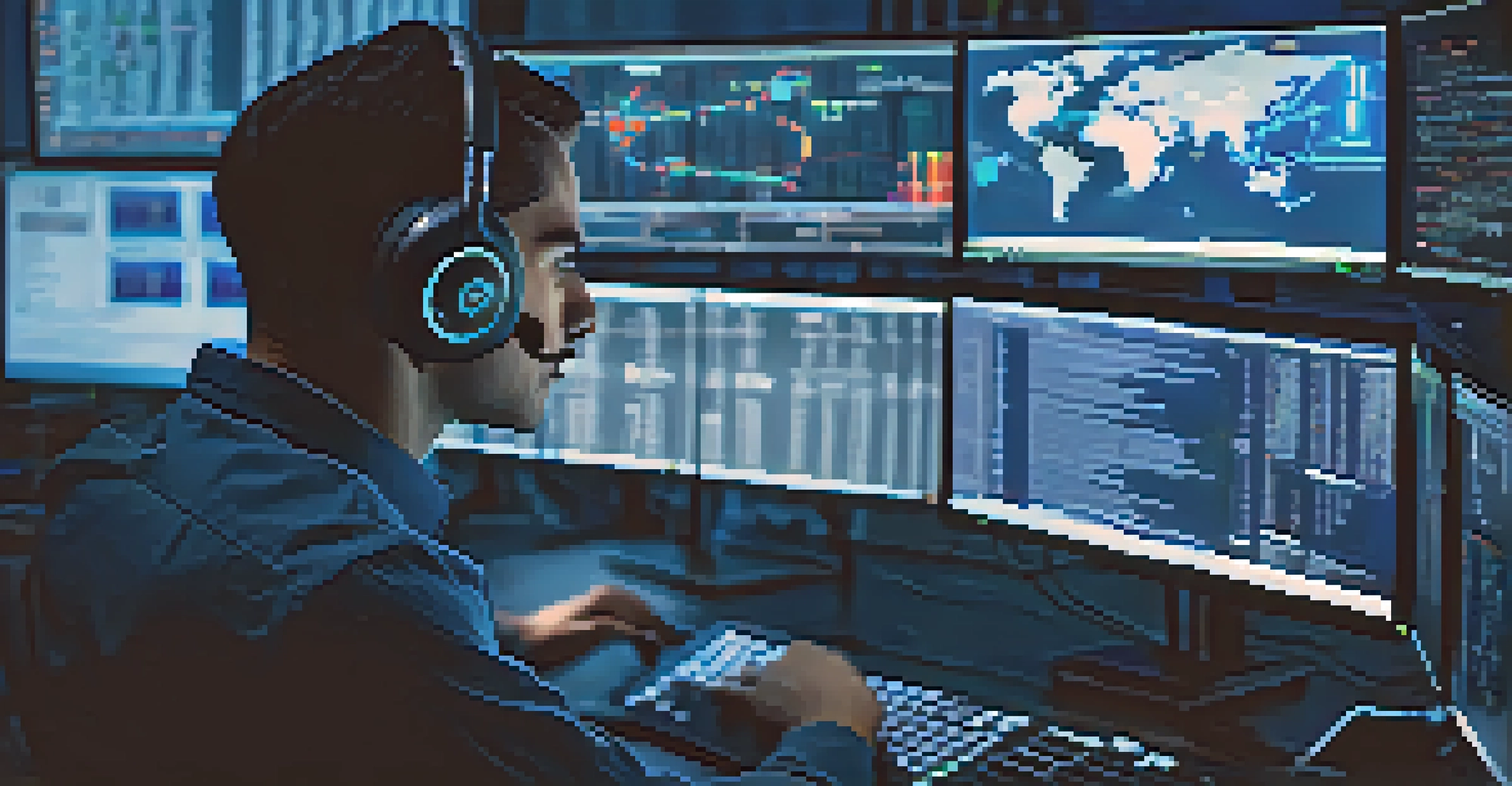 A cybersecurity professional in Houston analyzing data on multiple screens in a dark, high-tech office environment.