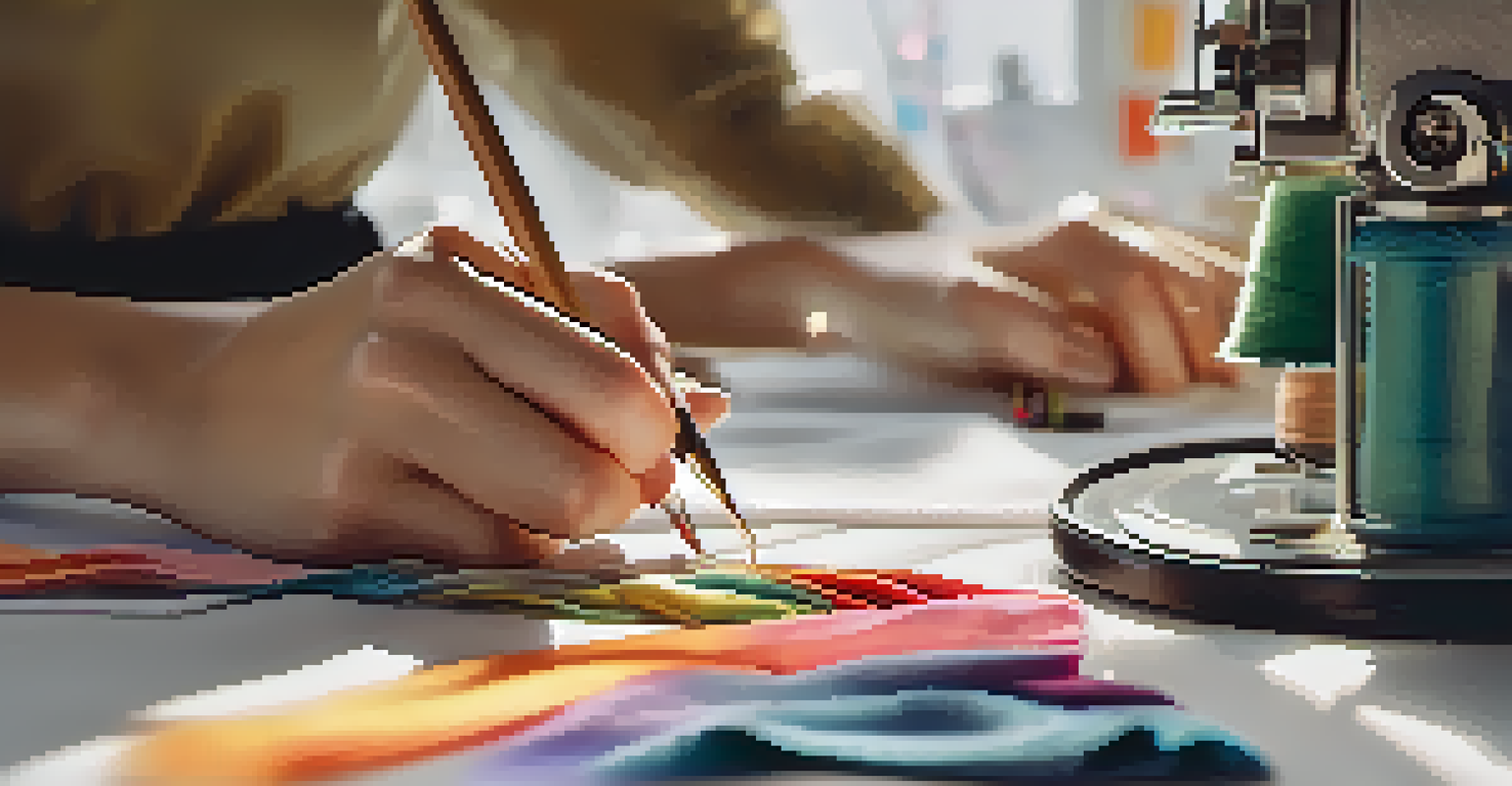 A designer's hands sewing sustainable fabric in a bright and colorful workspace filled with materials and sketches.