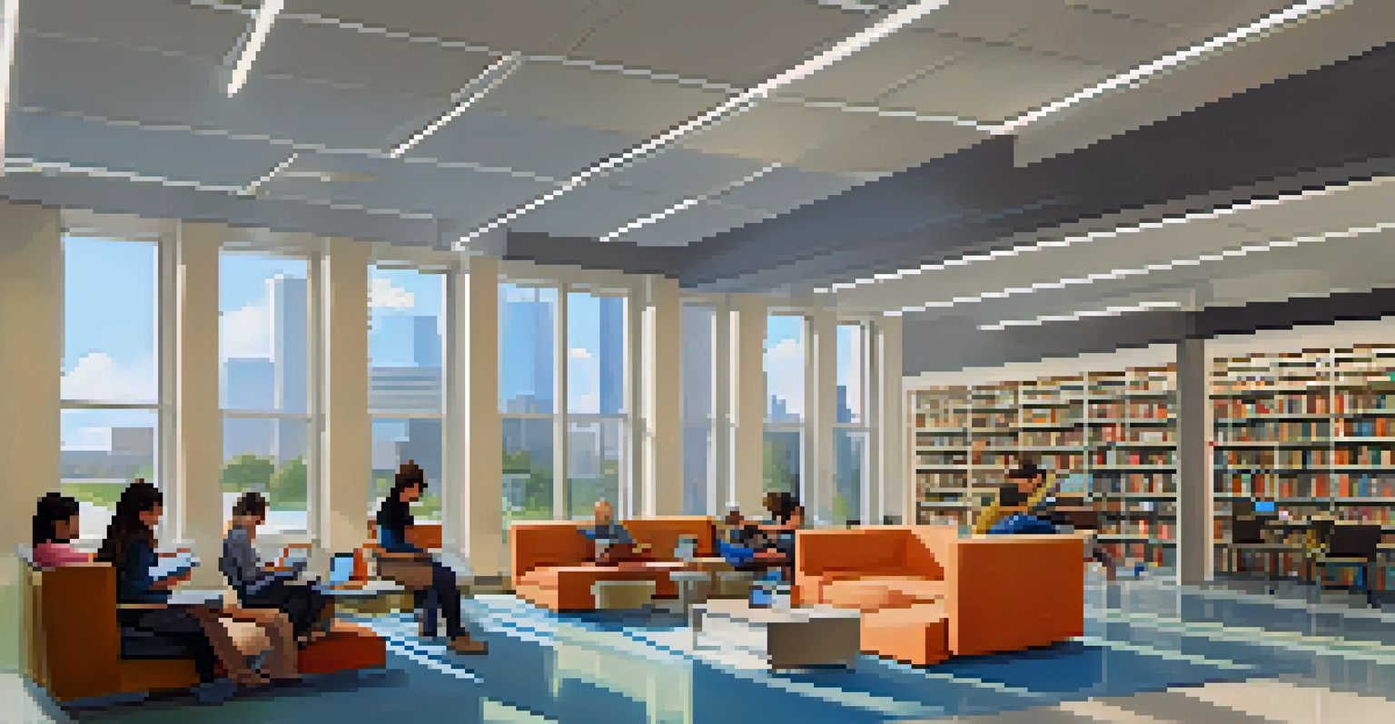 An interior view of a modern library in Houston, filled with people of different ages utilizing computers and reading in a well-lit environment.
