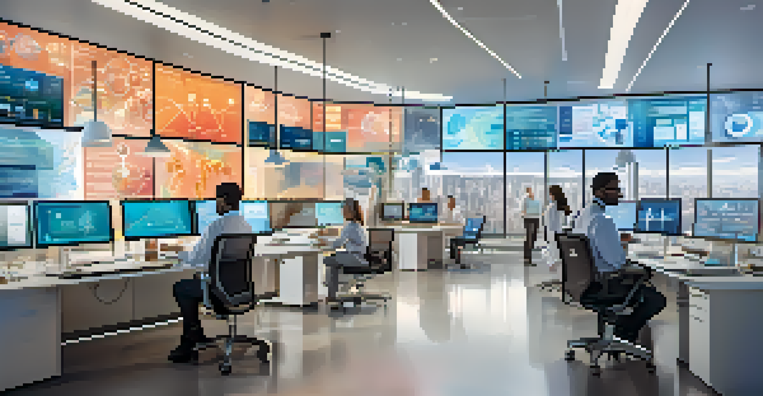 A collaborative healthcare workspace with diverse researchers using technology and discussing health data.