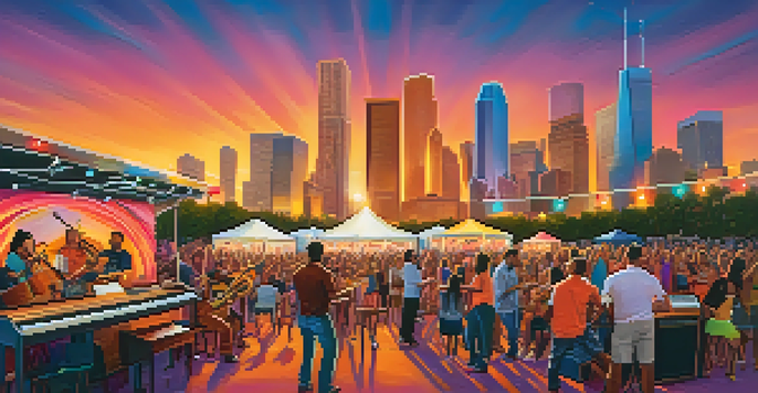 A lively outdoor music festival in Houston with diverse musicians performing against a sunset skyline.