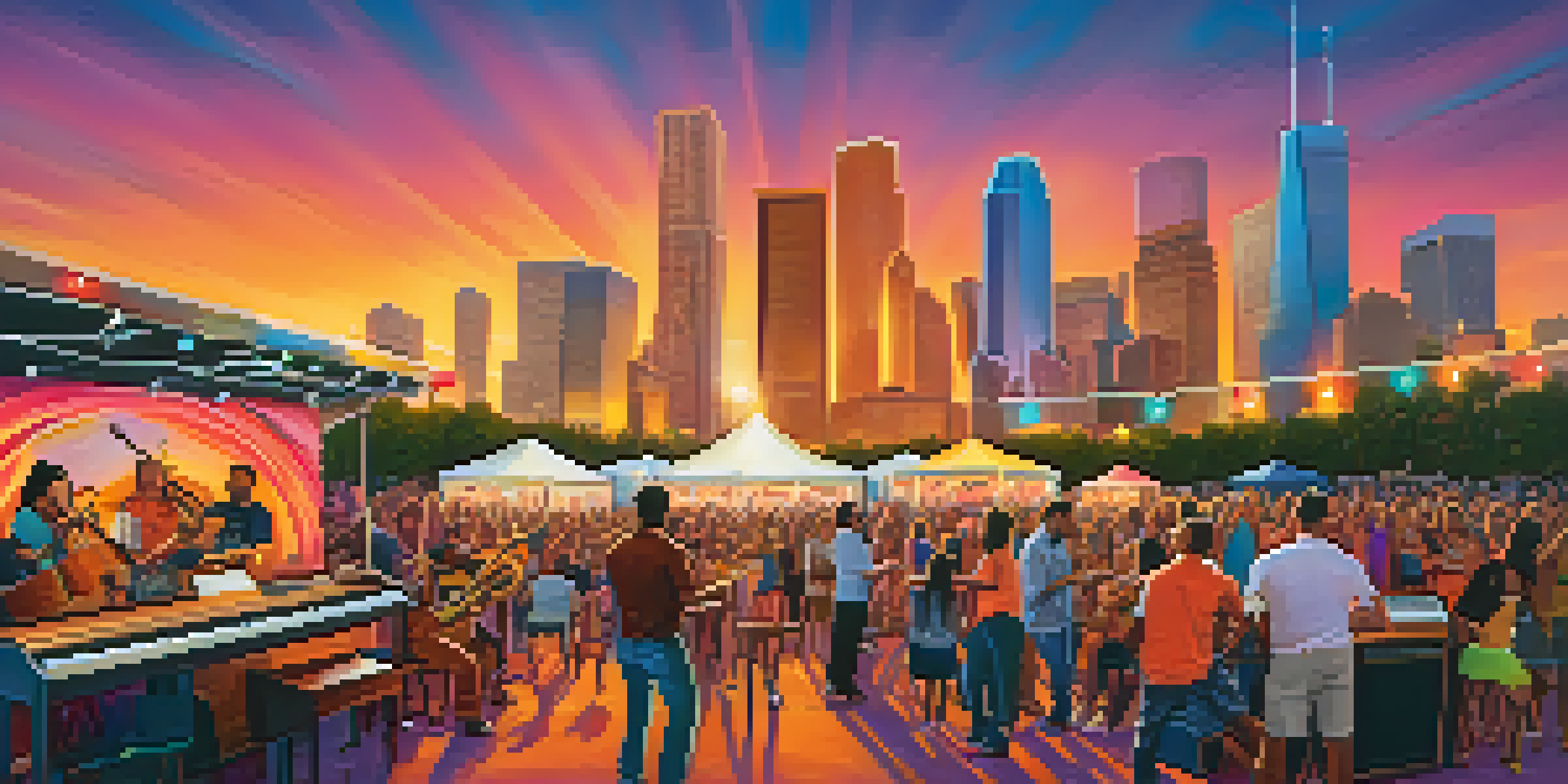 A lively outdoor music festival in Houston with diverse musicians performing against a sunset skyline.