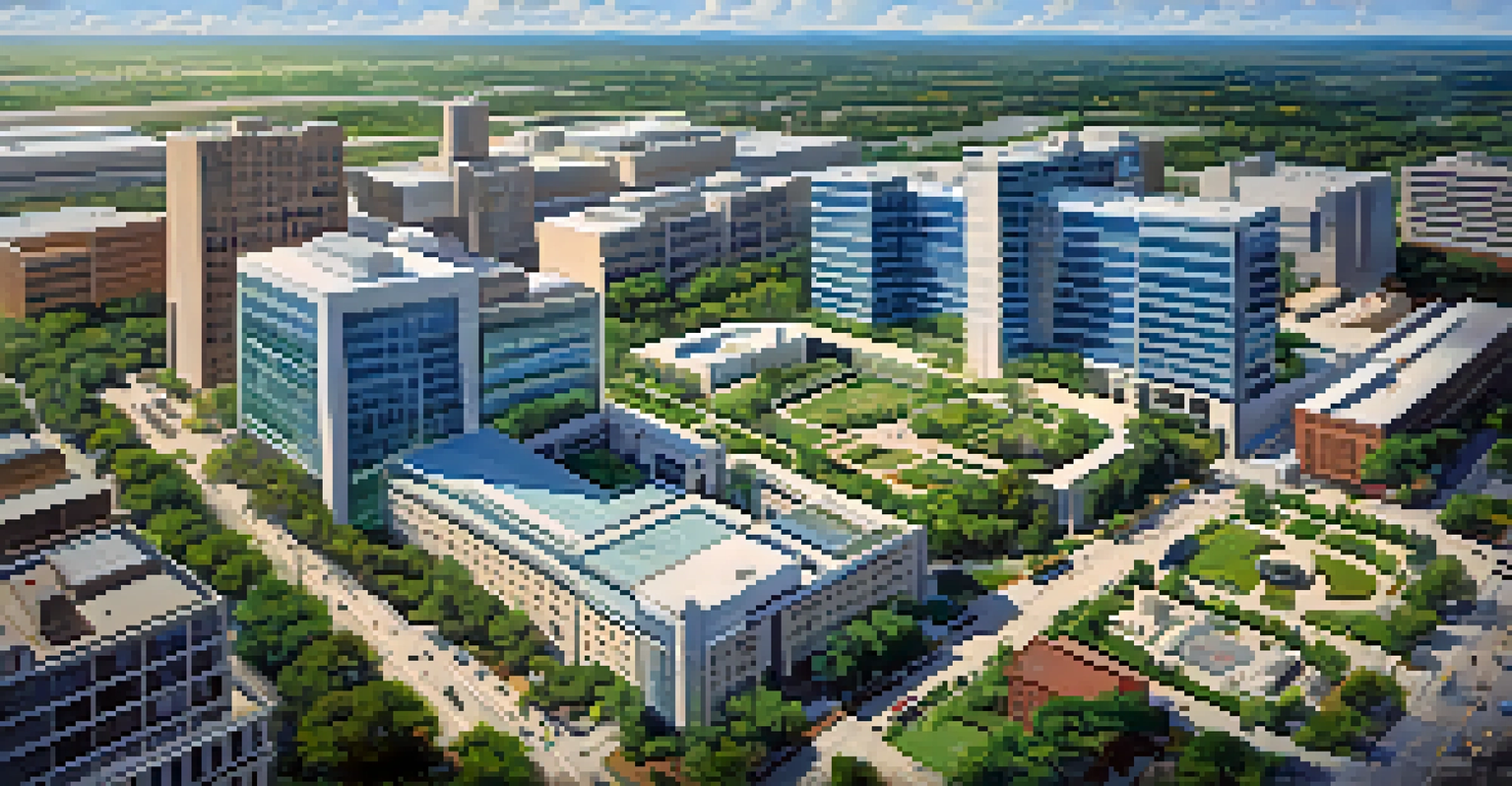 Aerial view of the Texas Medical Center, featuring modern healthcare facilities and green spaces.