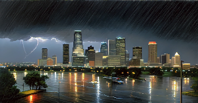 A flooded cityscape of Houston with dark clouds and emergency responders helping residents amidst the rainstorm.