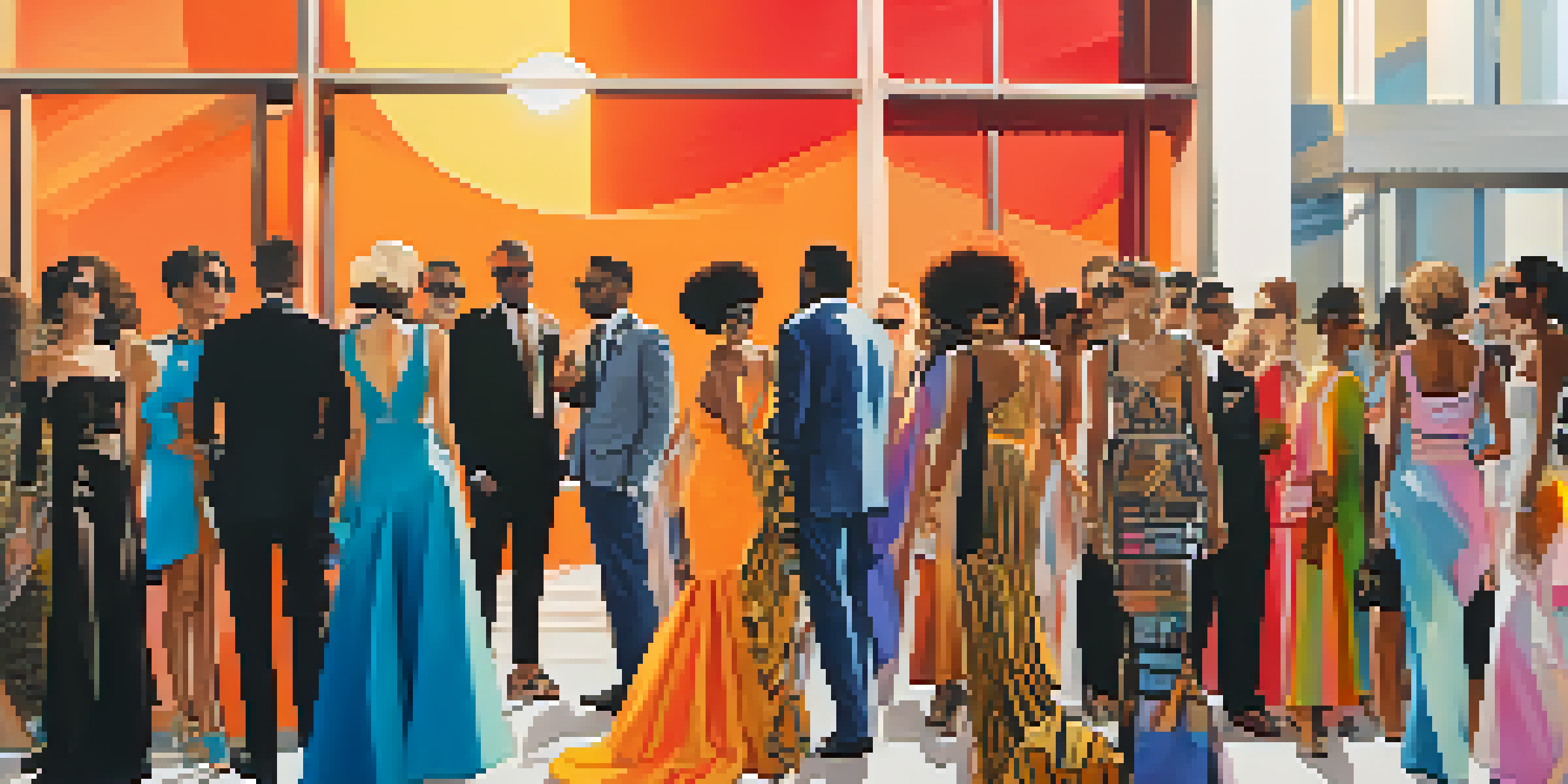 A diverse group of fashion attendees outside a modern venue, dressed in colorful and unique outfits during Houston Fashion Week.