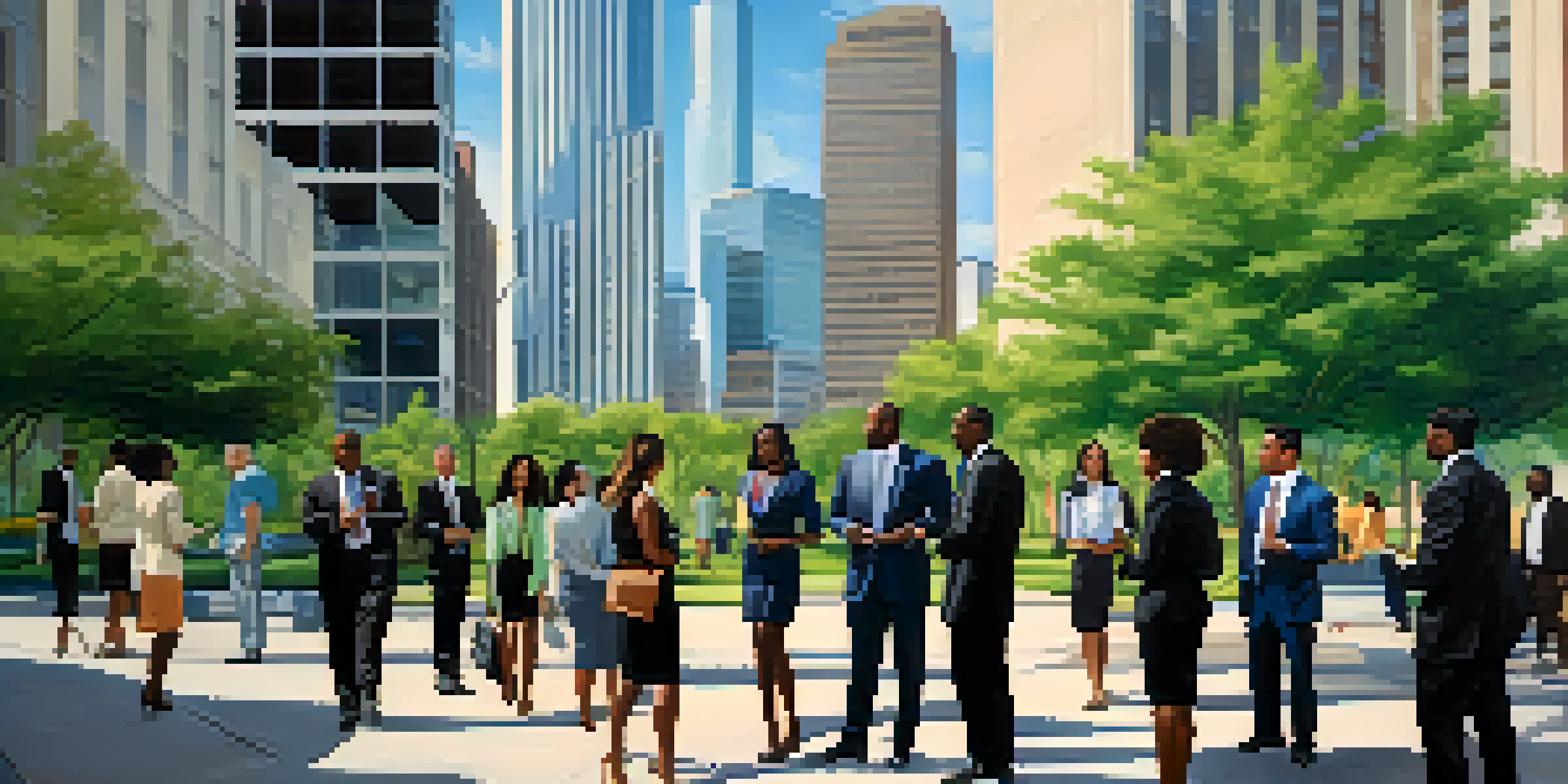 A diverse group of professionals discussing outside a modern office building in Houston, with the skyline in the background.
