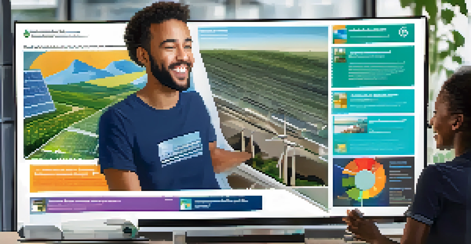 A young adult engaging with a digital campaign on renewable energy, featuring colorful graphics on a computer screen.