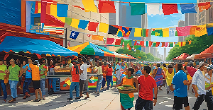 A lively cultural festival in Houston with diverse groups of people enjoying food and festivities against a city skyline.