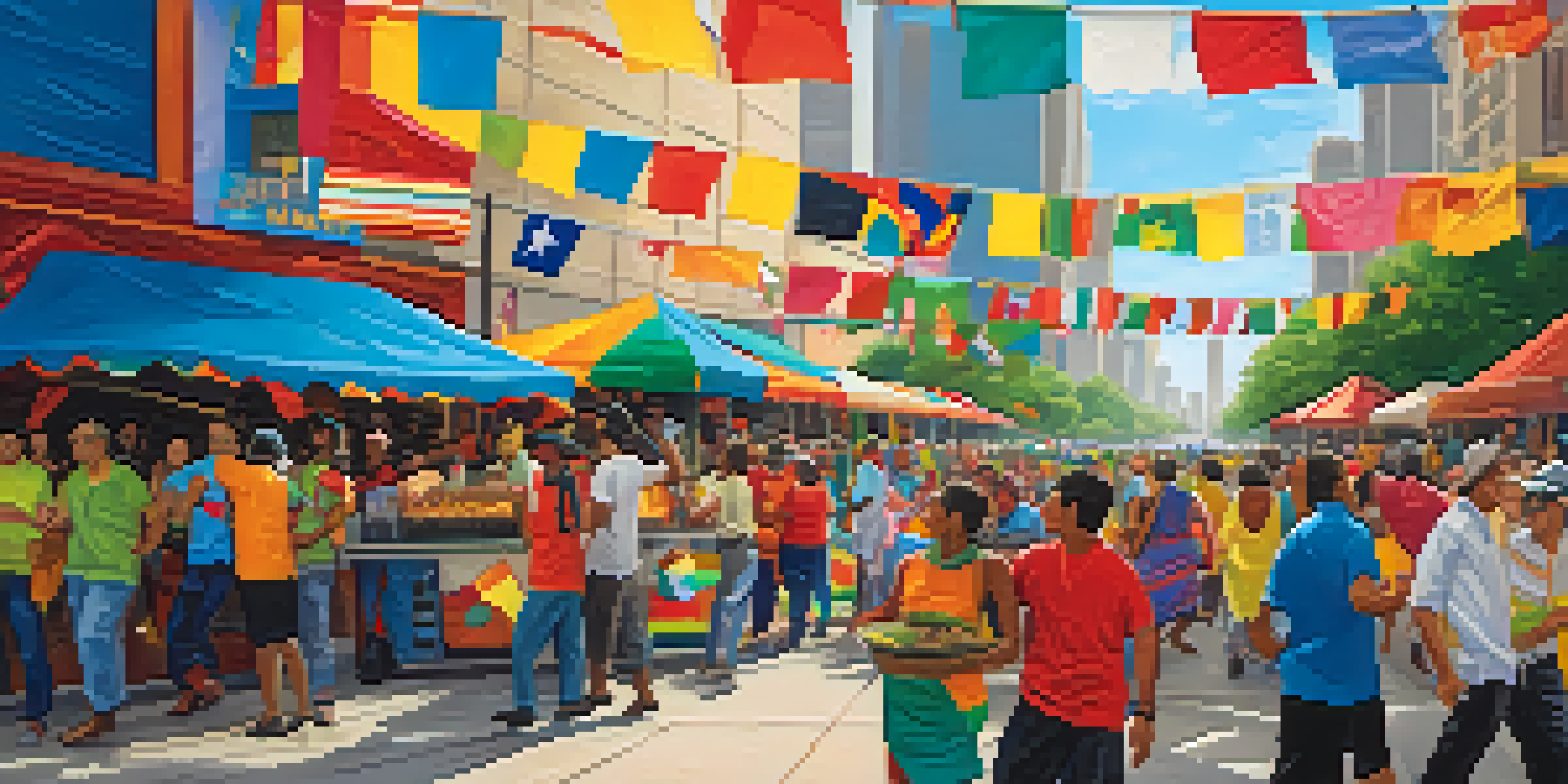 A lively cultural festival in Houston with diverse groups of people enjoying food and festivities against a city skyline.